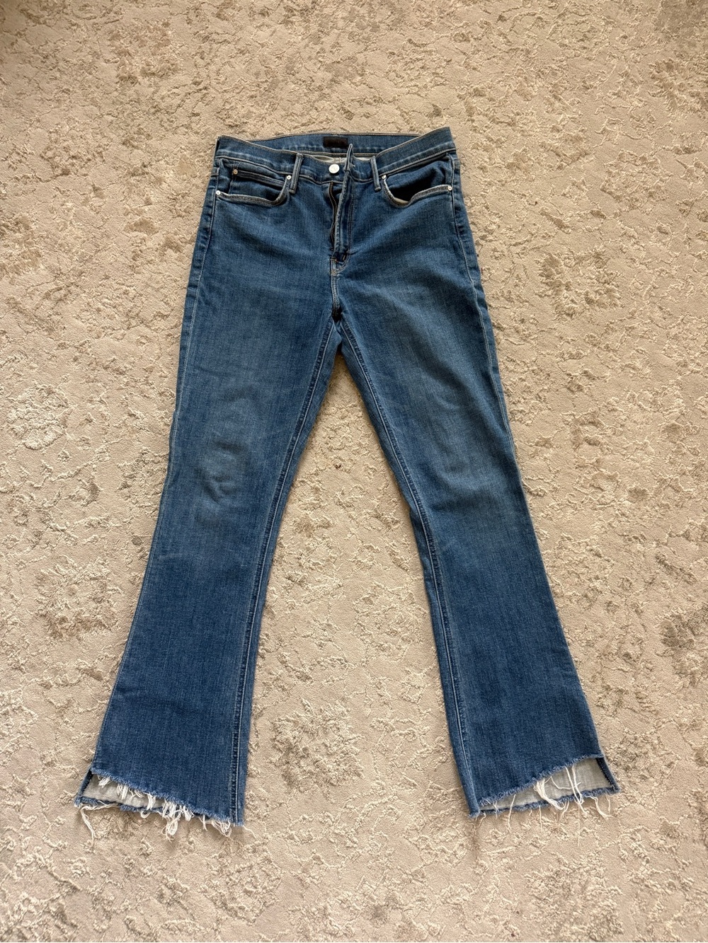 MOTHER Medium Blue Flare Jeans with Raw Hem